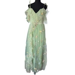 Sage Green Floral Embroidered Tulle Maxi Dress Corset Ruffle Formal XL HOCO